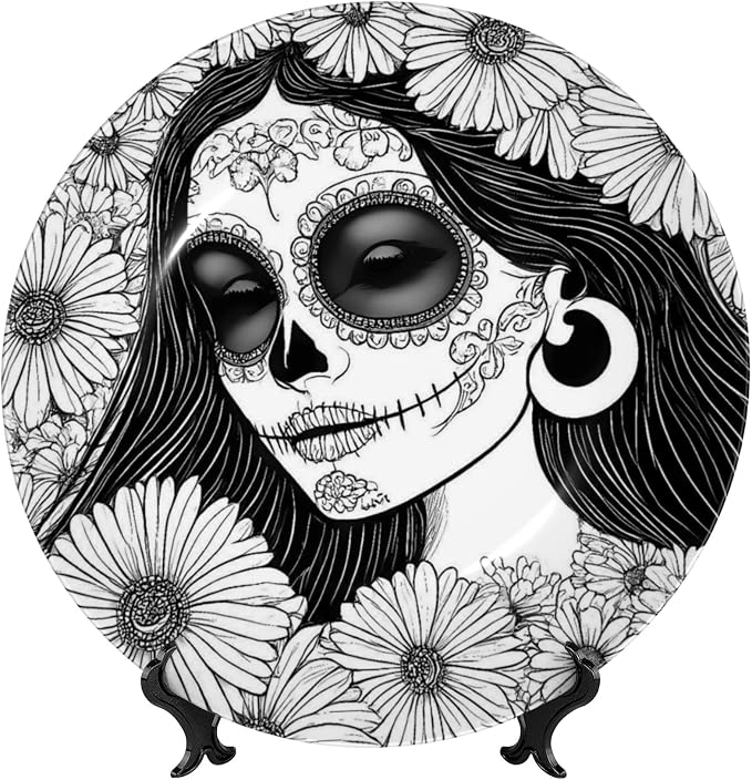 Ceramic Decorative Plate With Stand Hook,Floral Sugar Skull Portrait - skull sticker