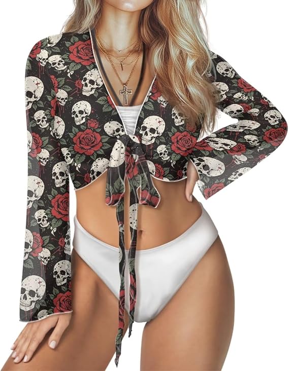 QuidrwyoCrop Cardigan for Women Sheer Bolero Shrugs Long Sleeve Front Tie Tops Swimsuit Cover Ups - skull jacket