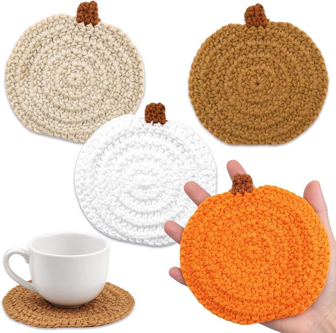 4 PCS Pumpkin Coasters, Crochet Fall Coasters for Halloween Table Decor - skull coaster
