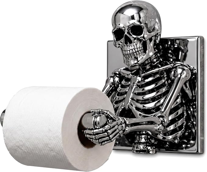 Skeleton Toilet Paper Holder Wall Mount, Chrome Silver Skull Tissue Roll Dispenser, 3D Gothic Bathroom Decor,Moisture Proof Alternative Home Decoration for Restroom