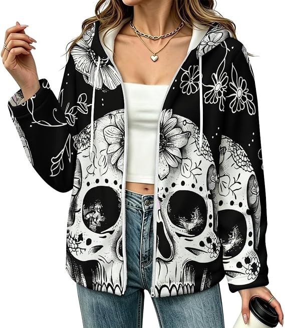Dead Sugar Skull Womens Fleece Jacket Small - skull sweatshirts