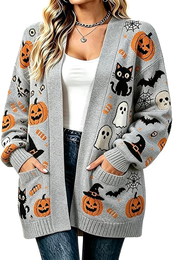 Halloween Pattern Women Knit Cardigan Open Front Sweater with Pockets - skull jacket