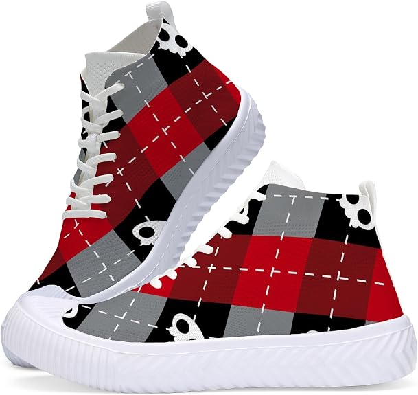Women's Fashion Casual Sneakers Black White Puzzle Piece Graphic Breathable High Top Knit Shoes - sugar skull boots