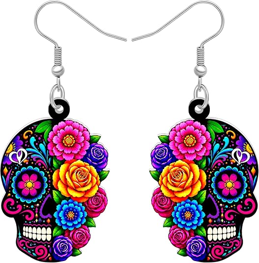 Acrylic Sugar Skull Earrings for Women Halloween Flowers Dangle Earrings Day of the Dead Jewelry Spooky Skull Gifts for Halloween Costumes Party Accessories - sugar skull makeup
