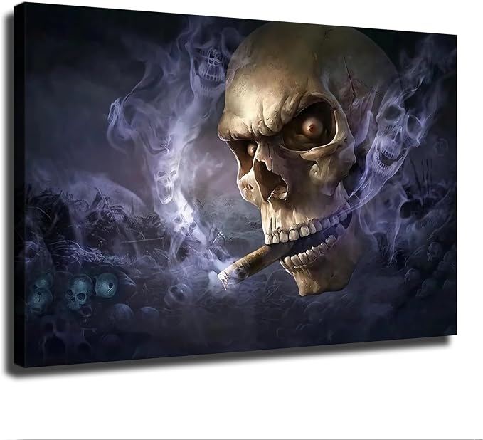 Dark Skull Canvas Wall Art Smoking Cigar Gothic Decor (08×12inch-Framed) - skull wall art