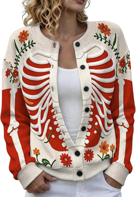 Halloween Sweaters for Women Skeleton Floral Graphic Spooky Crewneck Cardigan - skull jacket