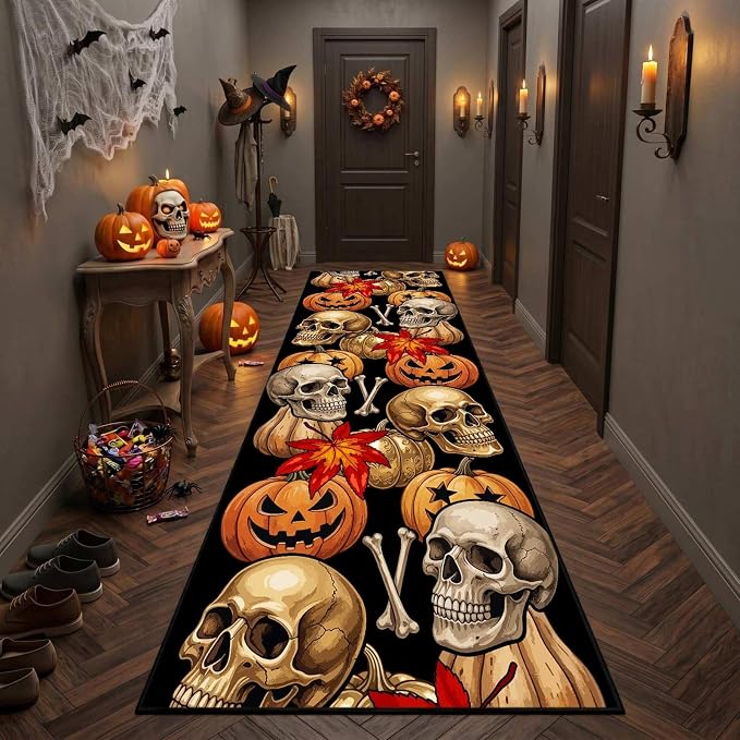 2x6ft Washable Non-Slip Halloween Rug,Fall Pumpkin Skull Hallway Runner - skull carpet