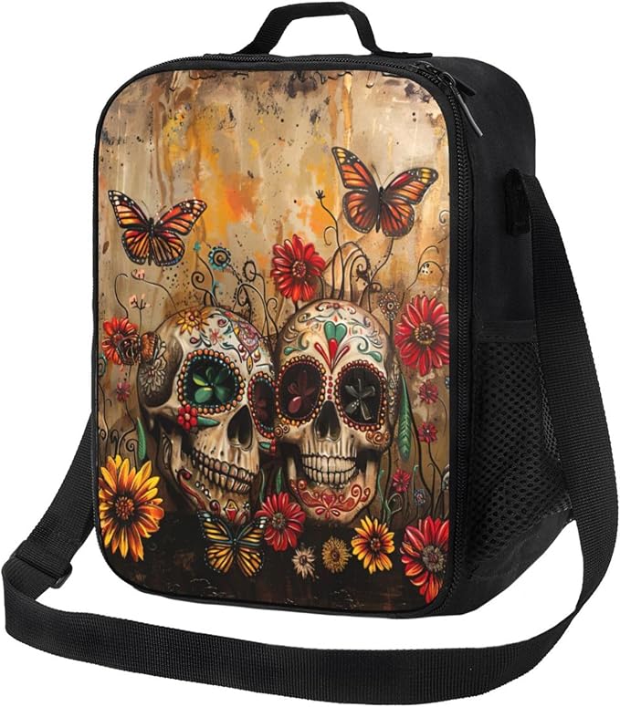 Oxford Insulated sugar skulls butterfly Print Lunch Bag,with Adjustable Shoulder Strap for Office Picnic
