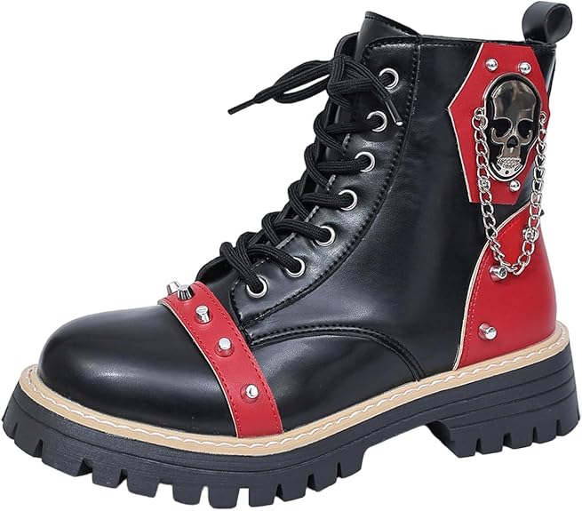 Women's Skull Platform Ankle Boots Studs Lace Up Chunky Halloween Booties - sugar skull boots