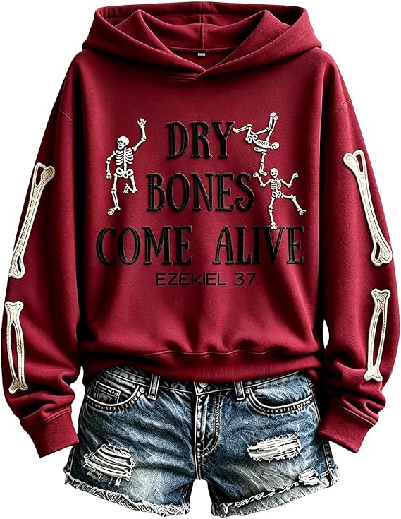 Women's Dry Bones Come Alive Sweatshirt Halloween Christian Faith Skull Top - sugar skull costume
