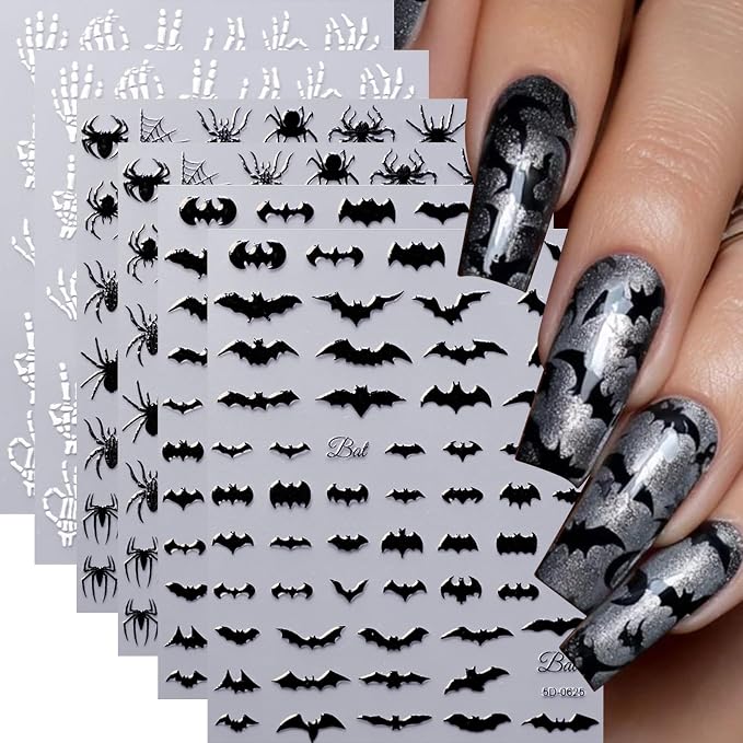6Sheets Halloween Nail Stickers 3D Self Adhesive Gothic Nail Decals Spiders Bat Nail Art Stickers Skeleton Hand Spider Web Nails Design Supply Horror Halloween Nails Decoration for Women DIY - skull sticker