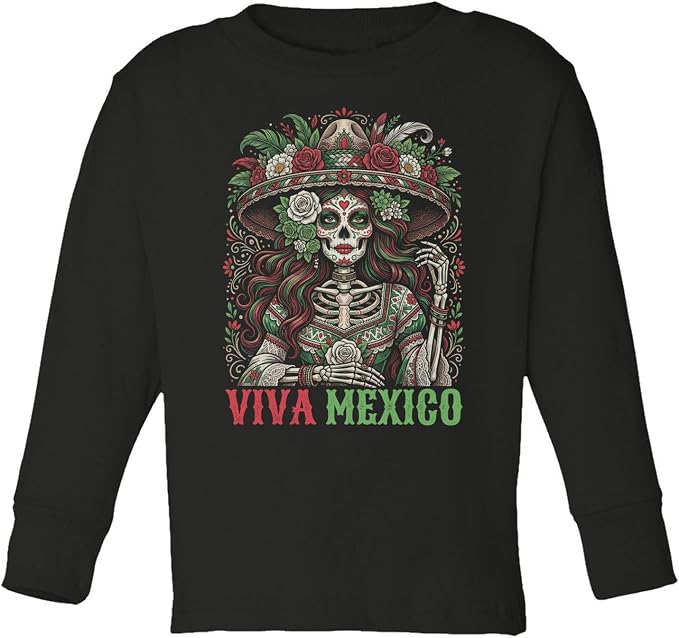 Viva Mexico Sugar Skull Sombrero Graphic Toddler Long Sleeve T-Shirt - skull tshirt