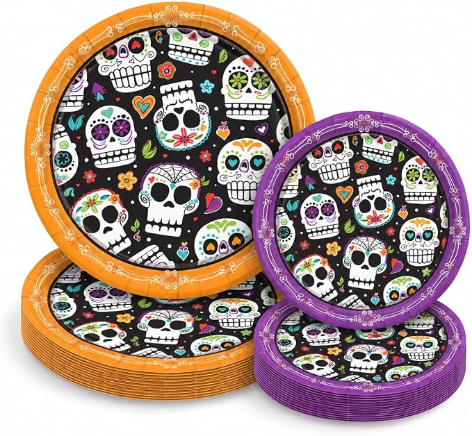 Exquisite Sugar Skull Halloween Plates Disposable 112 Pcs 56-7" & 56-9" - skull plate