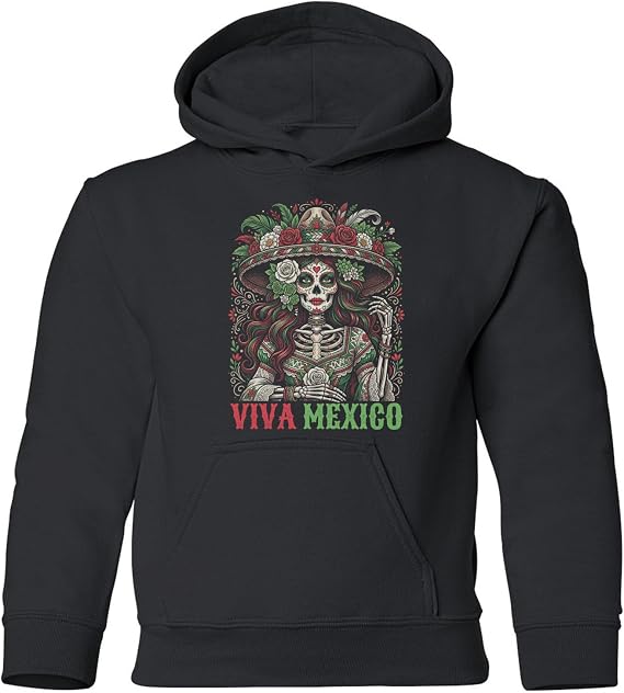 Viva Mexico Sugar Skull Sombrero Graphic YOUTH Hooded Sweatshirt - skull hoodie