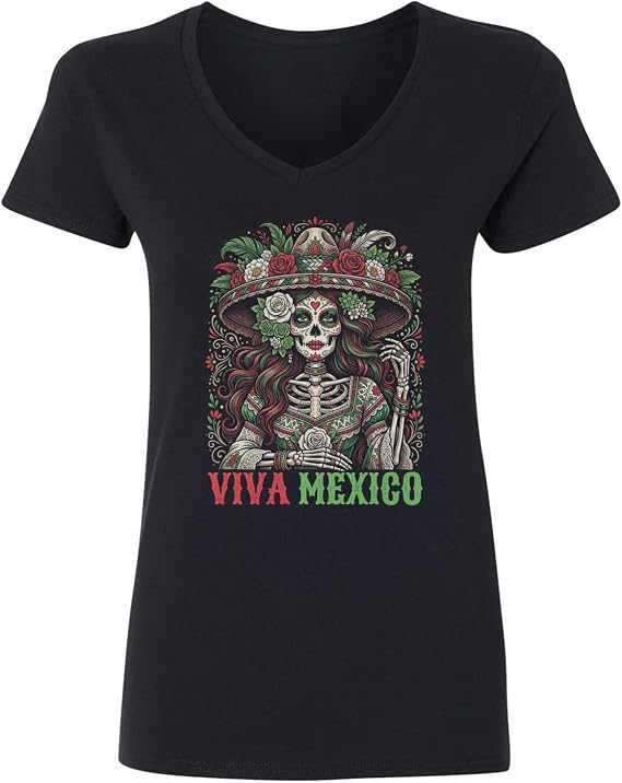 Viva Mexico Sugar Skull Sombrero Graphic Ladies' V-Neck T-Shirt - skull tshirt
