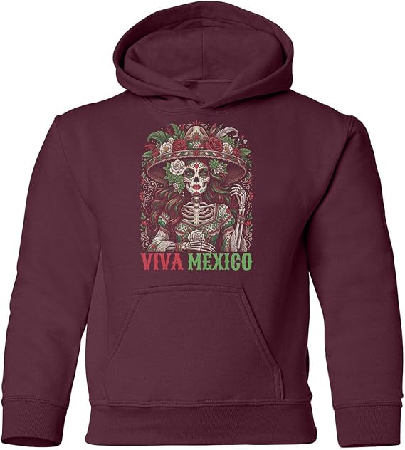 Viva Mexico Sugar Skull Sombrero Graphic YOUTH Hooded Sweatshirt - skull sweatshirts