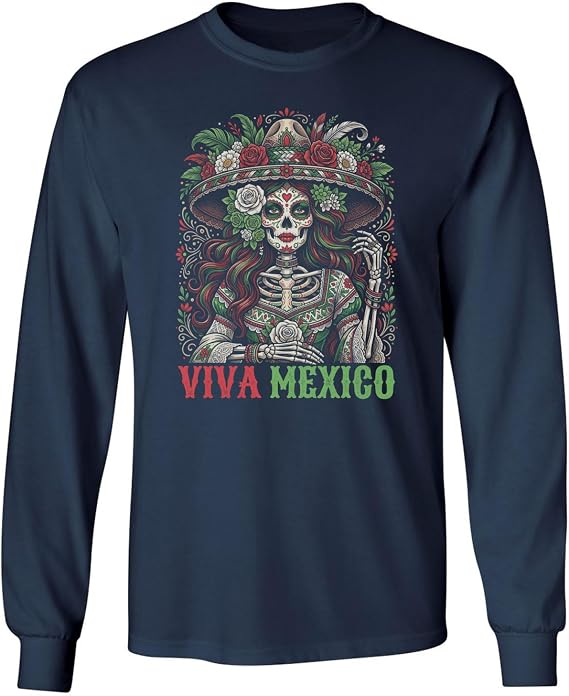 Viva Mexico Sugar Skull Sombrero Graphic Long Sleeve T-Shirt - skull tshirt
