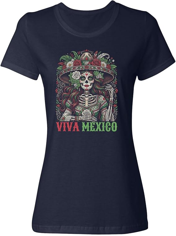 Viva Mexico Sugar Skull Sombrero Graphic Ladies' Crewneck T-Shirt - skull tshirt