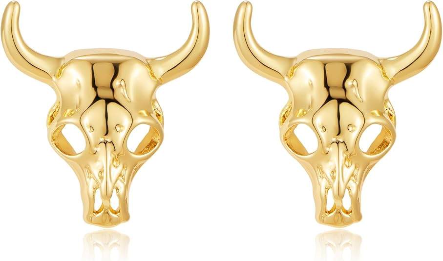 Western Bull Skull Earrings for Women 14K Gold Plated Cowgirl Jewelry - skull jacket