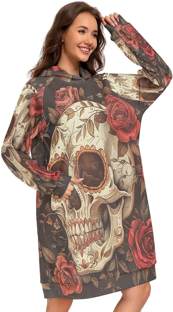 Sugar Skull and Roses Vintage RetroWomens Hoodies Oversized Sweatshirt - skull leggings