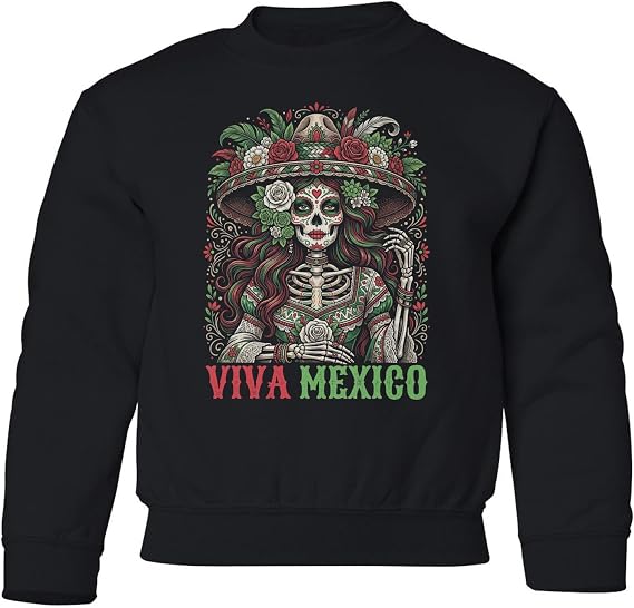 Viva Mexico Sugar Skull Sombrero Graphic YOUTH Crewneck Sweatshirt - skull sweatshirts