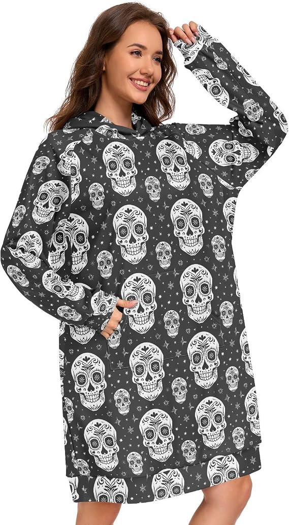 Sugar Skull The Day Of Dead Black WhiteWomens Hoodies Oversized Sweatshirt - skull sweatshirts