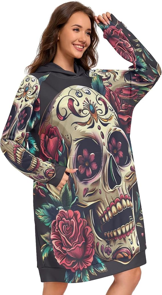 Sugar Skull and RosesWomens Hoodies Oversized Sweatshirt - skull leggings