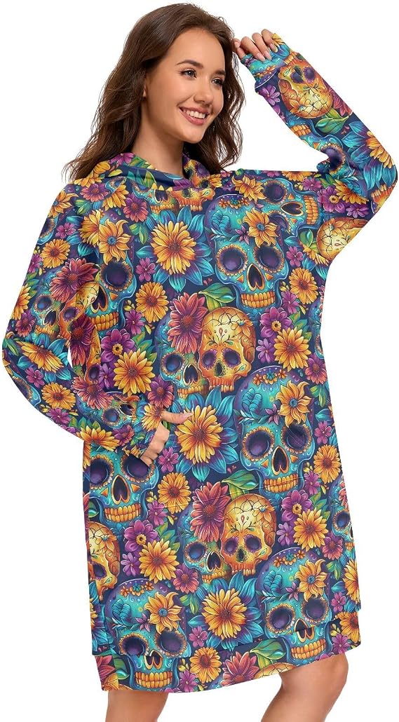 Colorful Sugar Skull Floral SeamlessWomens Hoodies Oversized Sweatshirt - skull sweatshirts