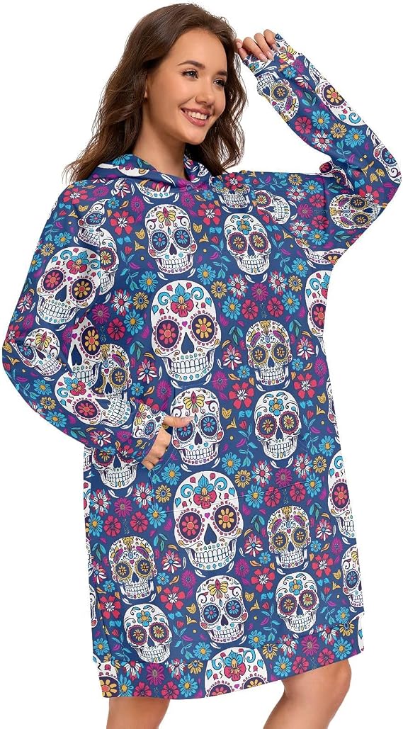 Sugar Skull on BlueWomens Hoodies Oversized Sweatshirt - skull leggings