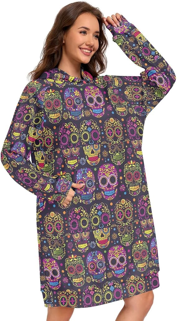 Colorful Sugar Skull Seamless on BlackWomens Hoodies Oversized Sweatshirt - skull leggings