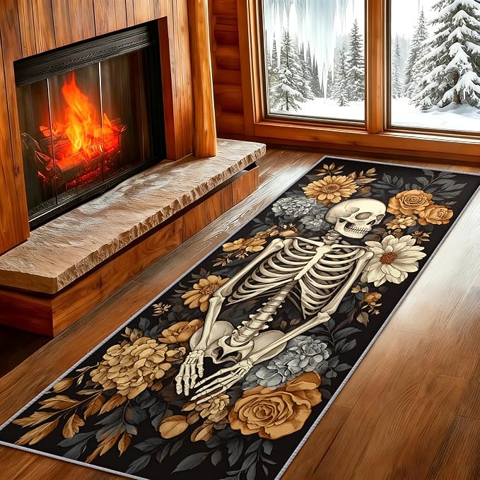 Gothic Skeleton Runner Rug 2 x 4 Vintage Skeleton Hallway Runner Rug - skull carpet