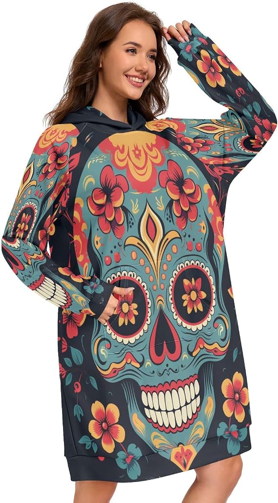 Sugar Skull Flower on BlackWomens Hoodies Oversized Sweatshirt - skull hoodie