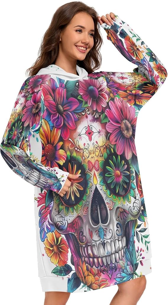 Colorful Human Skull Mexican Floral TattooWomens Hoodies Oversized Sweatshirt - skull sweatshirts