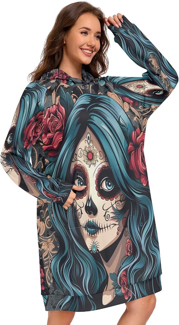 Sugar Skull Girl Blue HairWomens Hoodies Oversized Sweatshirt - skull sweatshirts