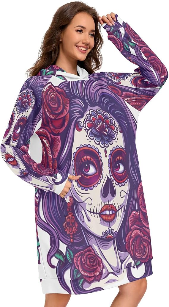 Sugar Skull Girl with Roses Day Of The DeadWomens Hoodies Oversized Sweatshirt - skull sweatshirts