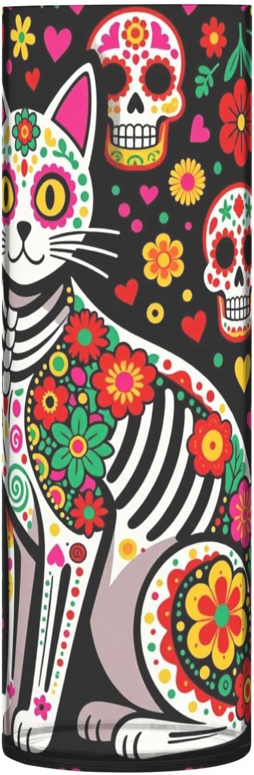 Sugar Skull Cat Dia De Los Muertos Plastic Cylinder Vase - skull candle