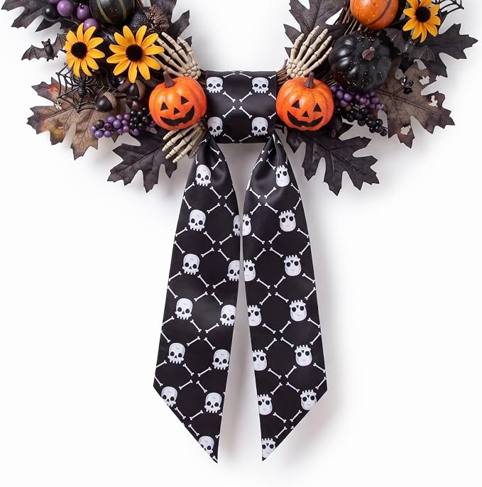 Hying Black Skull Halloween Wreath Sash for Front Door with Bone Print