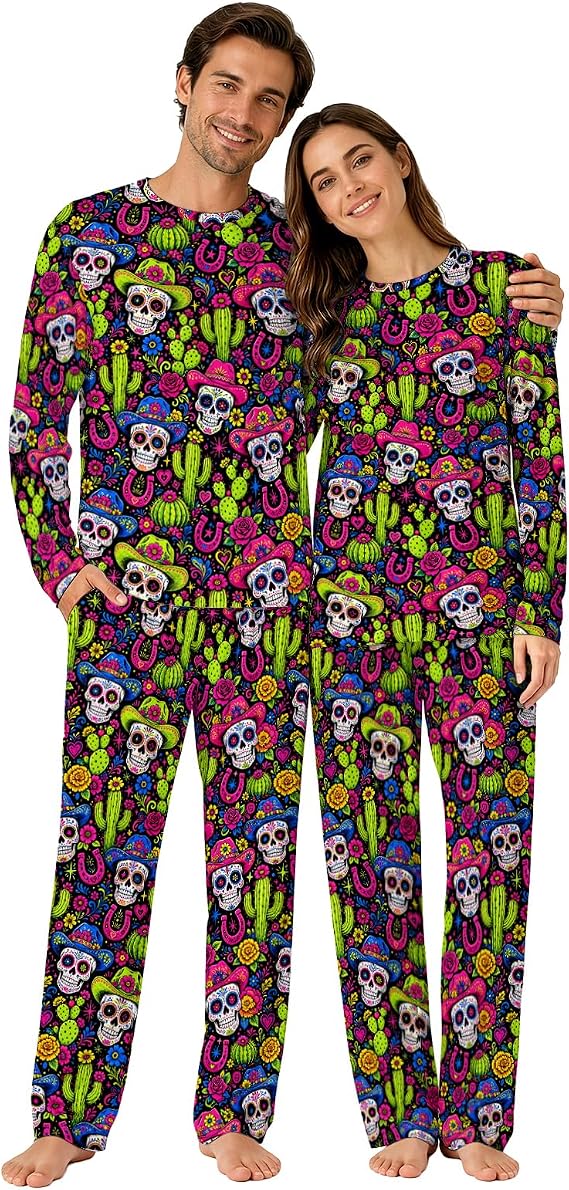 Couples Halloween Pajamas for Women Men Matching Sleepwear Pj Set - skull pajamas