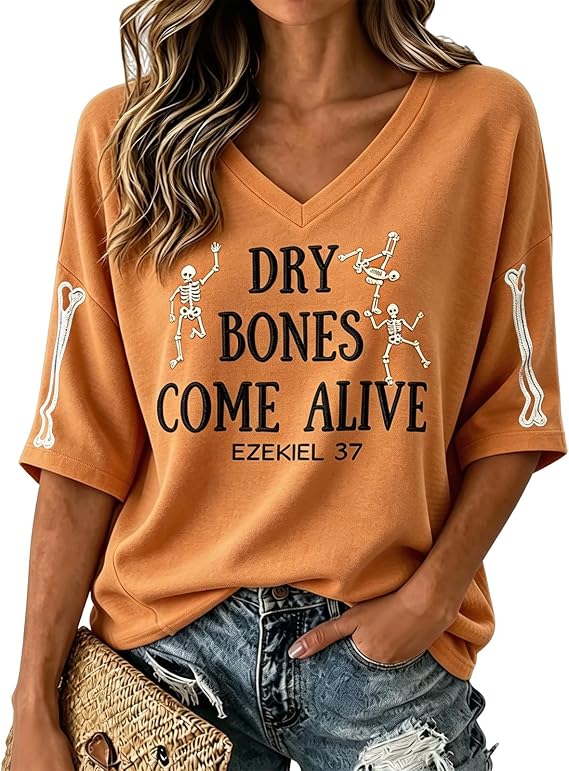 Dry Bones Come Alive Shirt Womens Halloween Shirts V Neck 3/4 Sleeve - skull hoodie