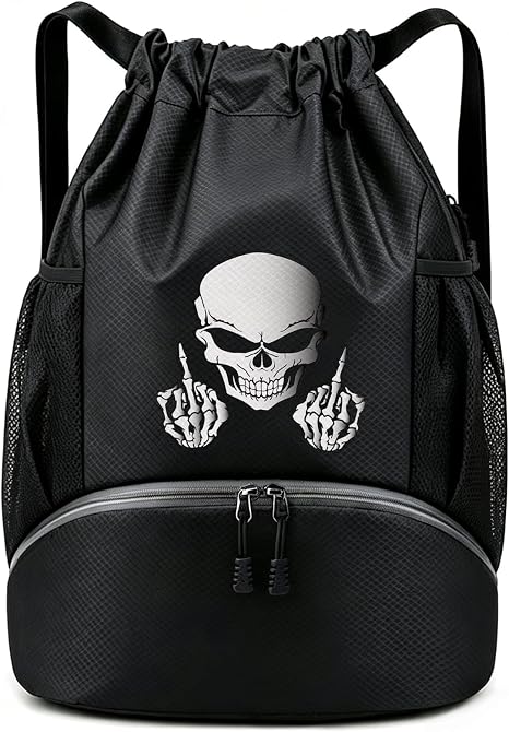 Skull Middle Finger Sports Drawstring Backpack with Shoe Compartment Black Pull String Bag for Soccer Basketball Water-Resistant Swim Gym Bag for Men and Women Large Capacity Beach Cinch Backpack - skull backpack