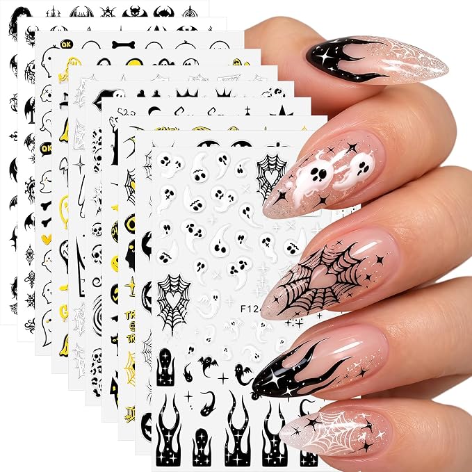 Erinde 10 Sheets Halloween Nail Stickers, 3D Gothic Nail Art Decals - skull sticker