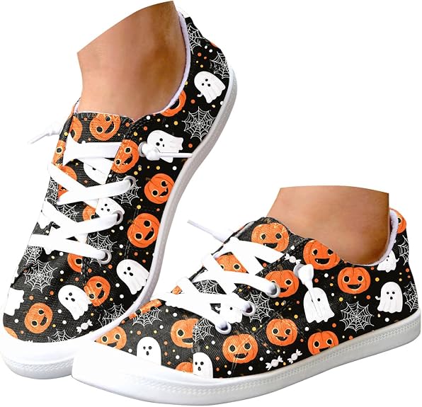 Halloween Cute Print Canvas Shoes for Women Lace Up Flat Casual Shoes - sugar skull boots