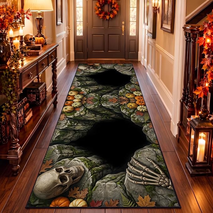 Skull Stone Cave Halloween Runner Rug 2'6''x6', 3D Optical Illusion Carpet - skull carpet
