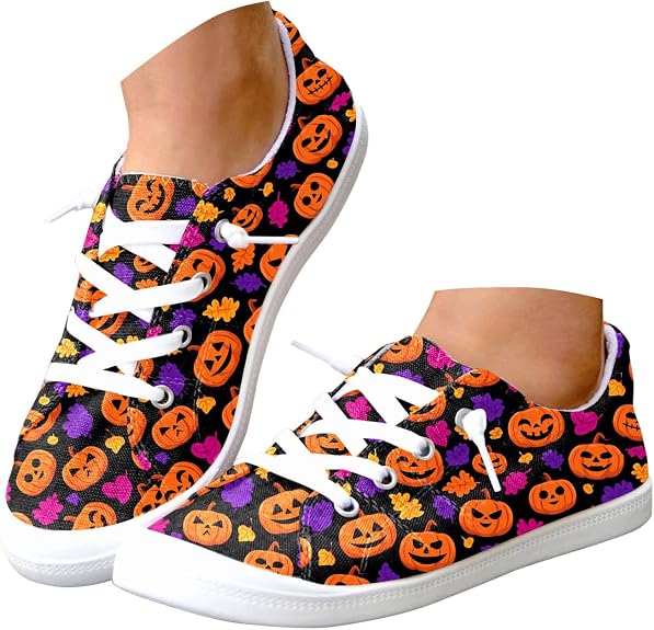 Women's Halloween Pumpkin Canvas Sneakers Lace Up Round Toe Flat Shoes - sugar skull boots