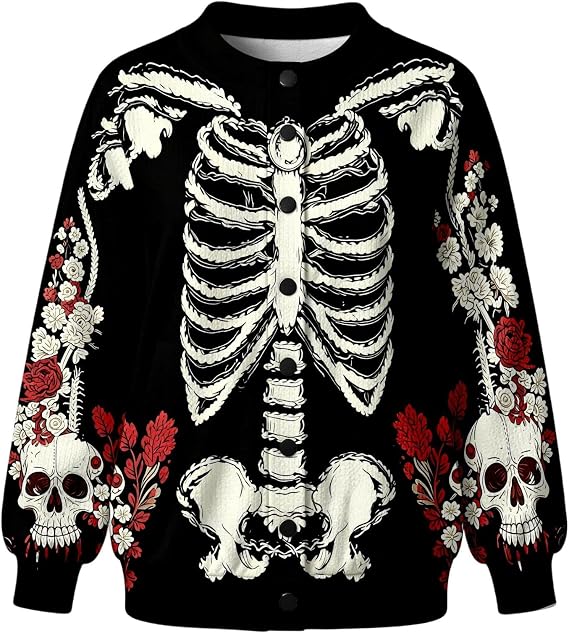 Halloween Cable Knit Sweater for Women Button Front Skeleton Print Cardigan - skull jacket