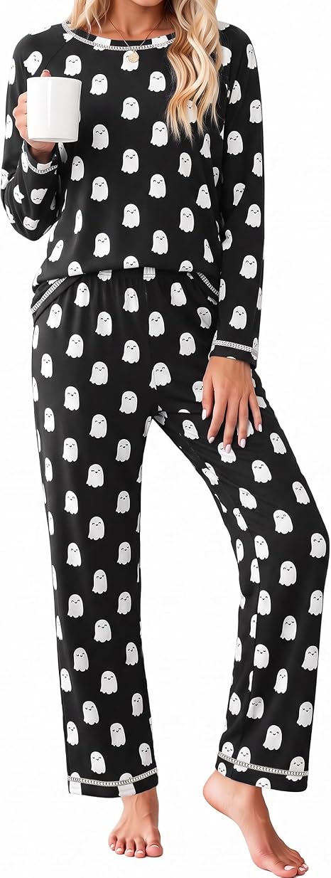 Ekouaer Women's Pajama Sets Long Sleeve 2 Piece Lounge Sets 2026 Fall S-XXL - skull pajamas