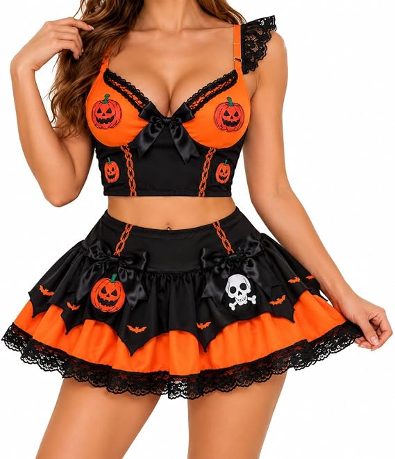 Women's 3 Piece Halloween Lingerie Set, Pumpkin Bra Top, Bat Mini Skirt - skull swimsuit