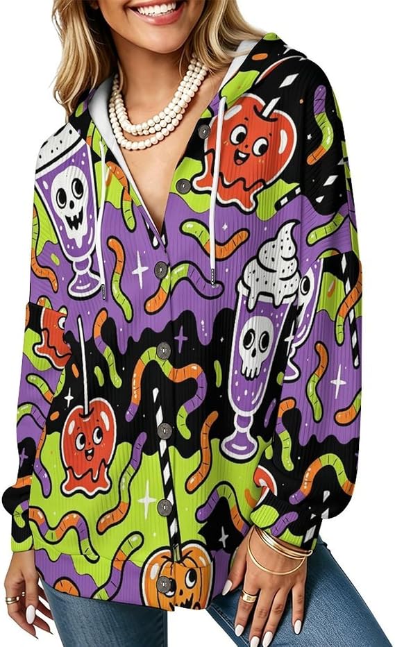 Halloweens Ghosts Print Women's Hooded Button Down Ribbed Knit Cardigan Long Sleeve Loose Casual Jacket Top 5X-Large - skull jacket