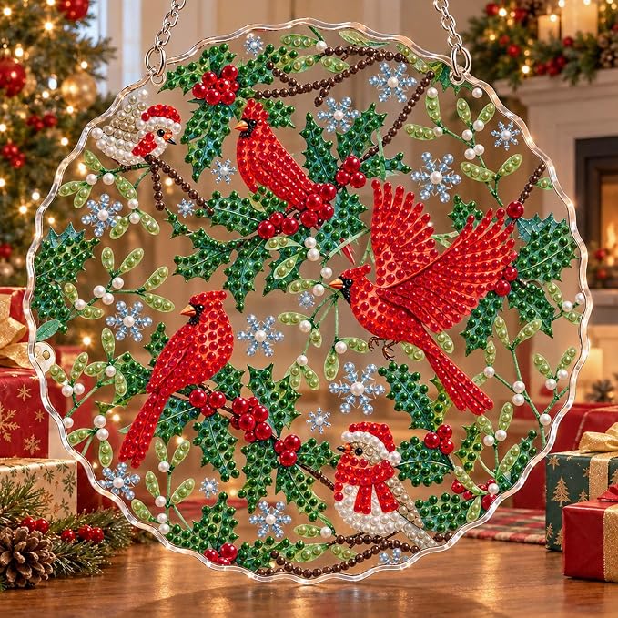 VJF Red Cardinals Christmas Pearl Diamond Painting Suncatcher Kit 7.87in - skull painting