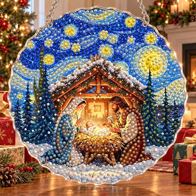 VJF Nativity Scene Christmas Pearl Diamond Painting Suncatcher Kit 7.87in - skull painting